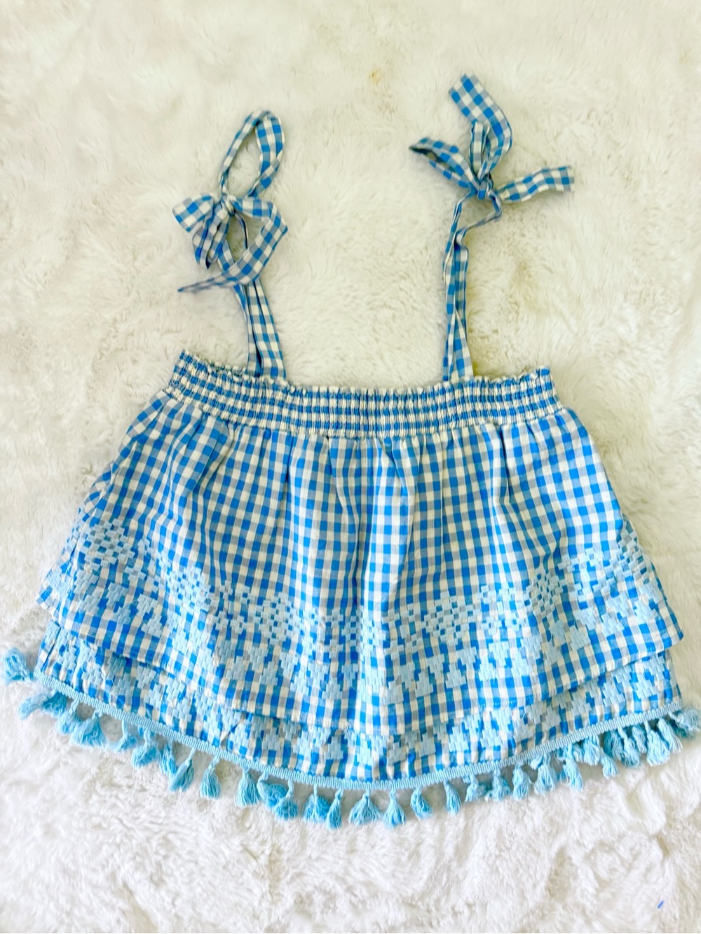 The Impeccable Pig Blue Gingham Tie-Shoulder Crop Top with Tassel Trim